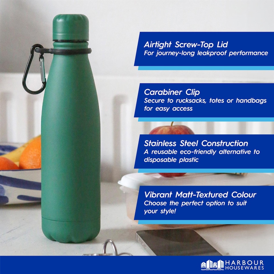 image 1 of Harbour Housewares Stainless Steel Water Bottle with Carabiner Clip - 500ml - Matt White | White | Matt White | One Size