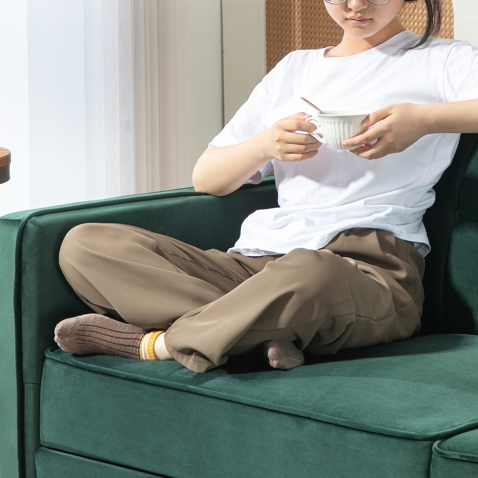 image 1 of HOMCOM Convertible Sofa Bed, 189cm Click Clack 3 Seater Sofa Bed, Button Tufted Velvet Sleeper Couch with Split Reclining Backrest and Rubber Wood Legs, Green