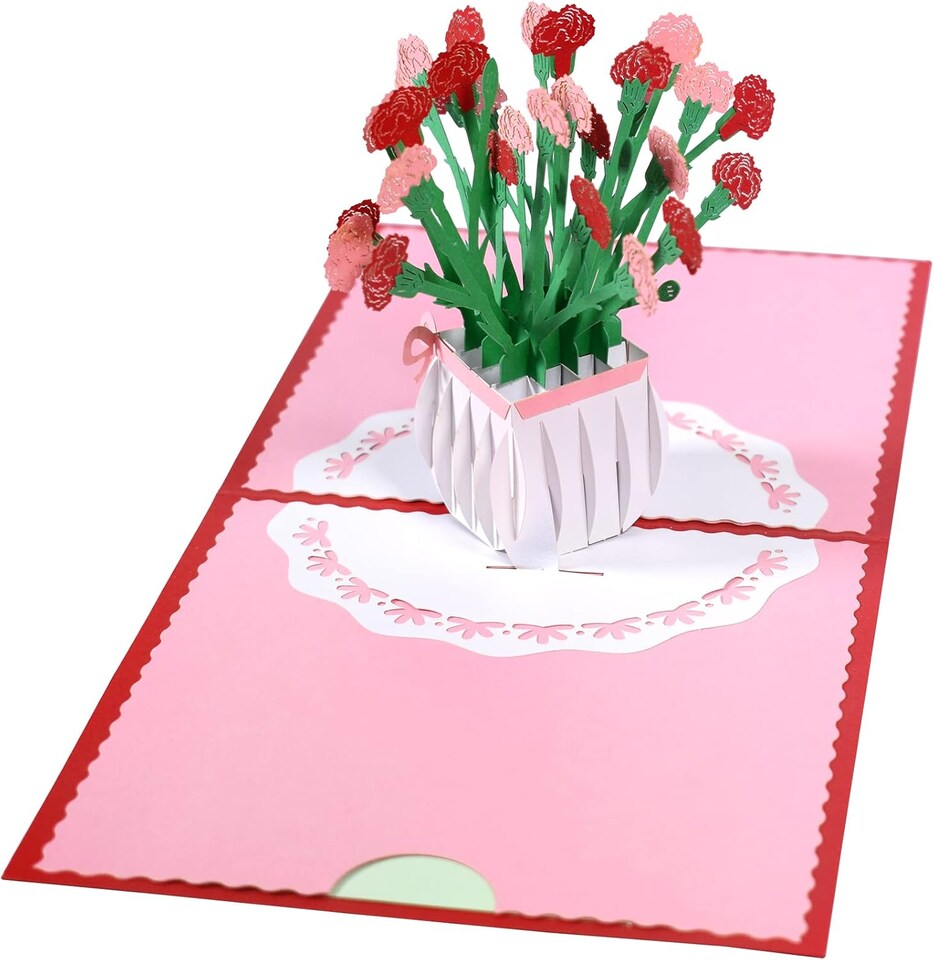 image 1 of Carnation Vase 3D Pop Up Greeting Card - Mother's Day Anniversary Birthday Get Well