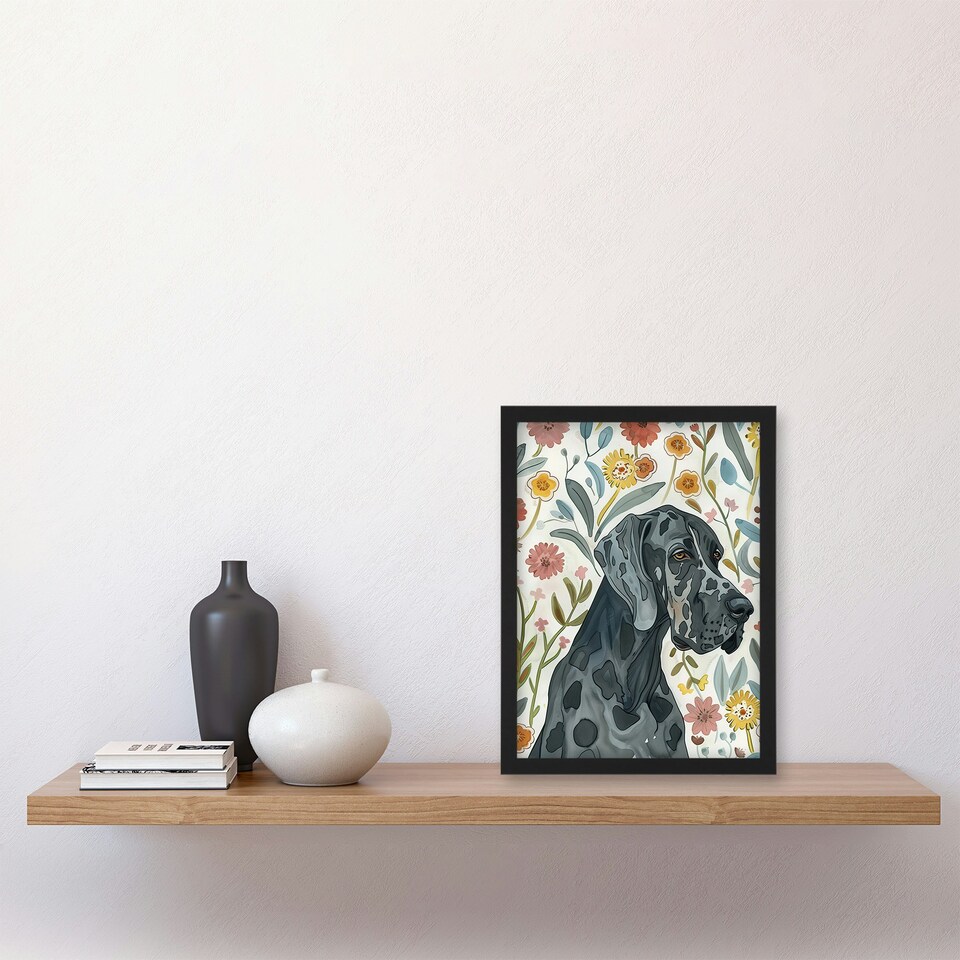 image 1 of Great Dane Pet With Flowers Dog Lover Watercolour Black Framed Wall Art Print A4