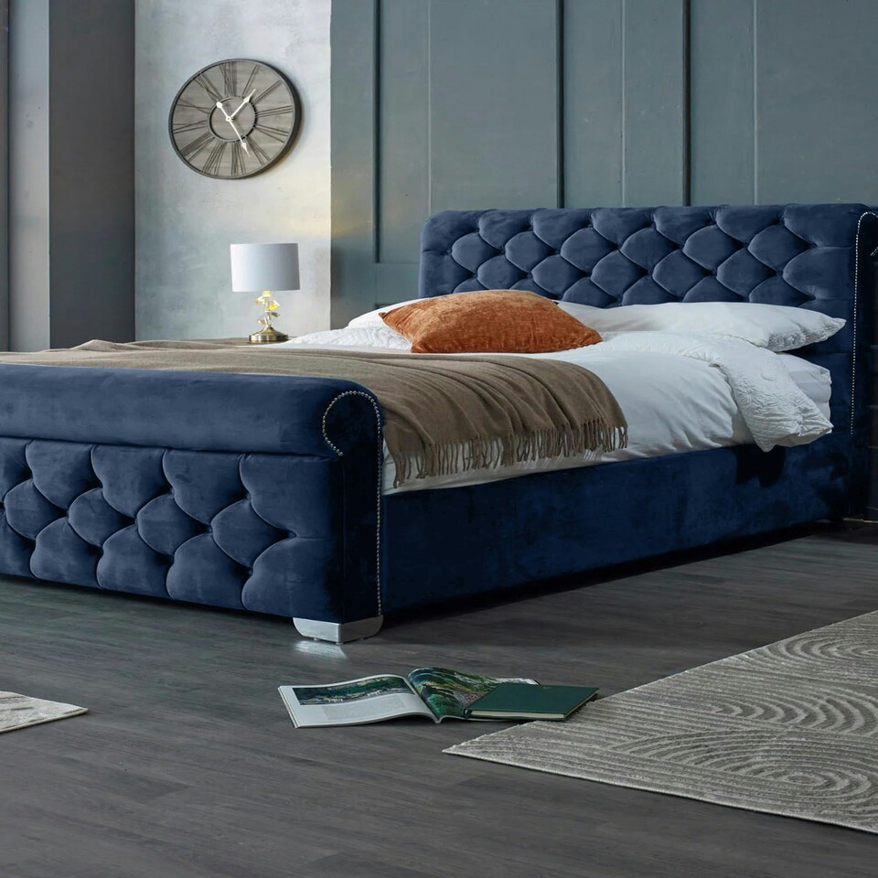 image 1 of Veneta Plush Blue Double Bed Frame - Blue