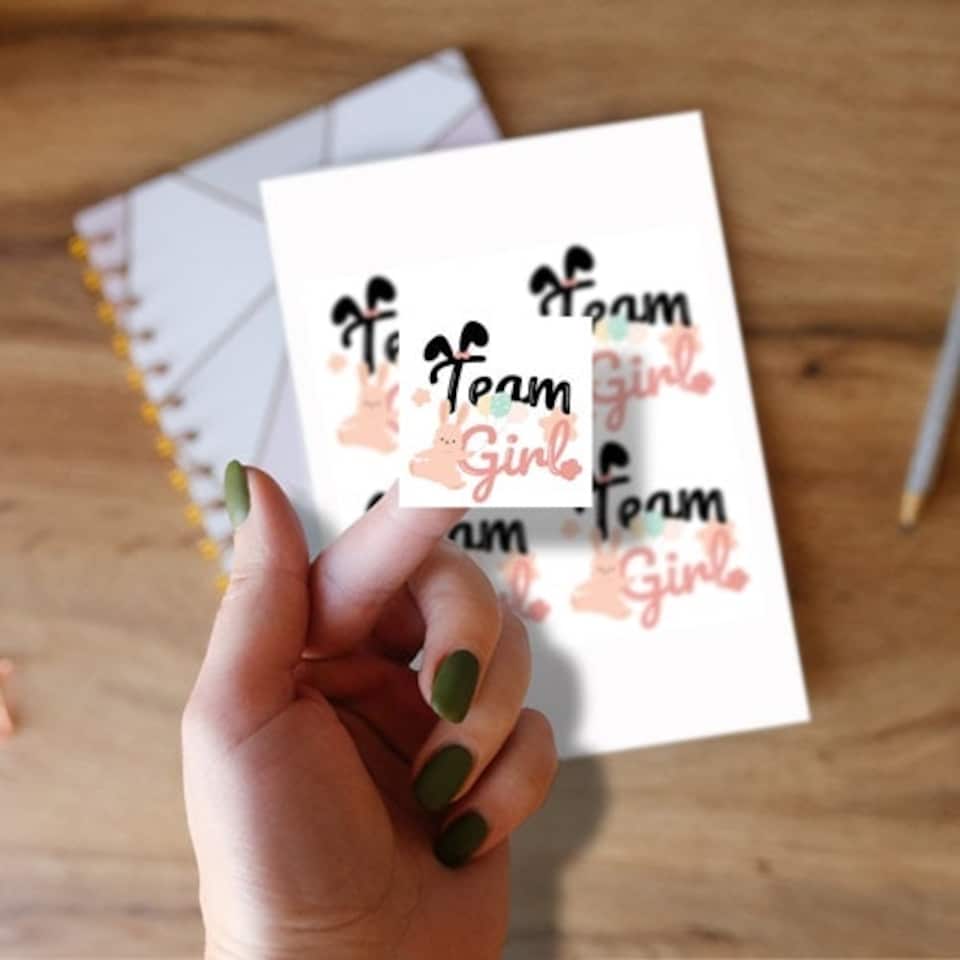 image 1 of Team Girl Bunny Gender Reveal Square Stickers 95mm - Sheet of 4