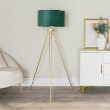 ValueLights Aero Hairpin Gold Tripod Floor Lamp with Forest Green Velvet and Gold Drum Lamp Shade