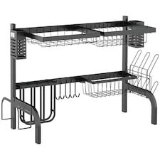 HOMCOM 2 Tier Dish Rack, Over The Sink Dish Drainer Rack for Kitchen, Black