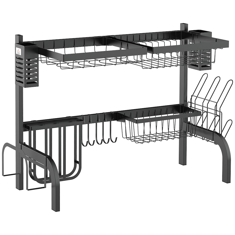 image 1 of HOMCOM 2 Tier Dish Rack, Over The Sink Dish Drainer Rack for Kitchen, Black