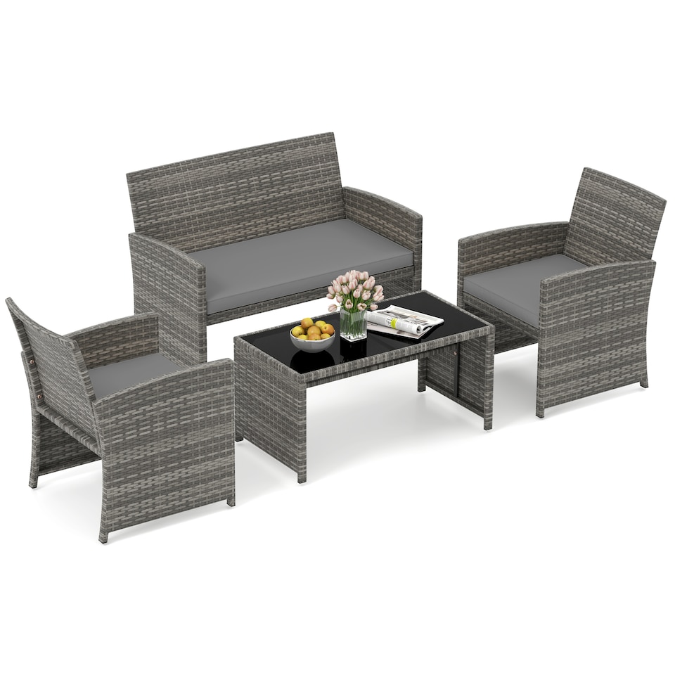 image 1 of COSTWAY 4 Piece Patio Conversation Set Outdoor Wicker Furniture