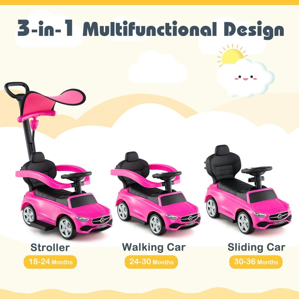 image 1 of COSTWAY 3-in-1 Ride on Push Car w/ Adjustable Canopy Pink