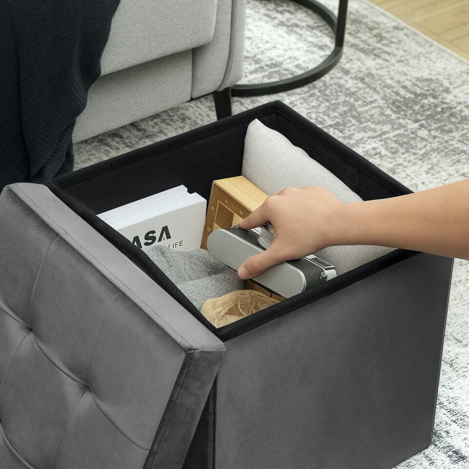 image 1 of HOMCOM Foldable Sherpa Fleece Storage Ottoman, 38 x 38 x 38 cm Grey