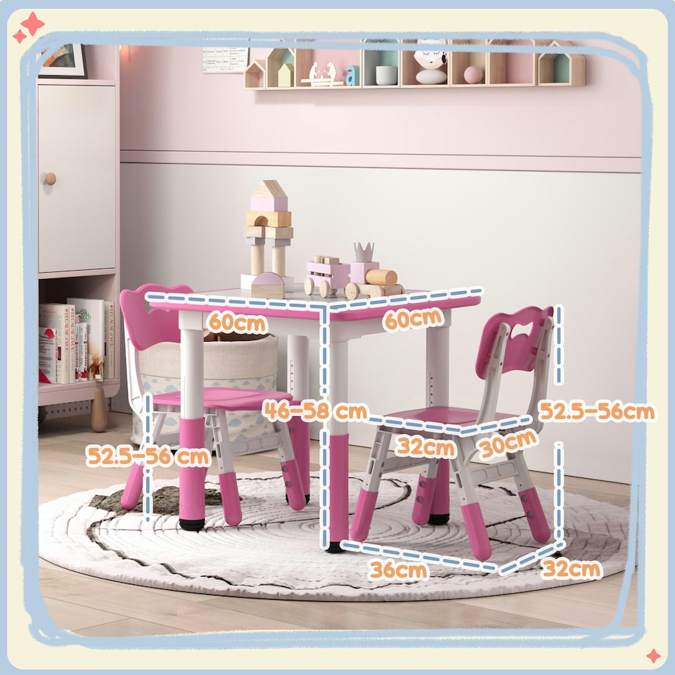 image 1 of AIYAPLAY 3 Pcs Height Adjustable Kids Table and Chair Set for Playroom Pink