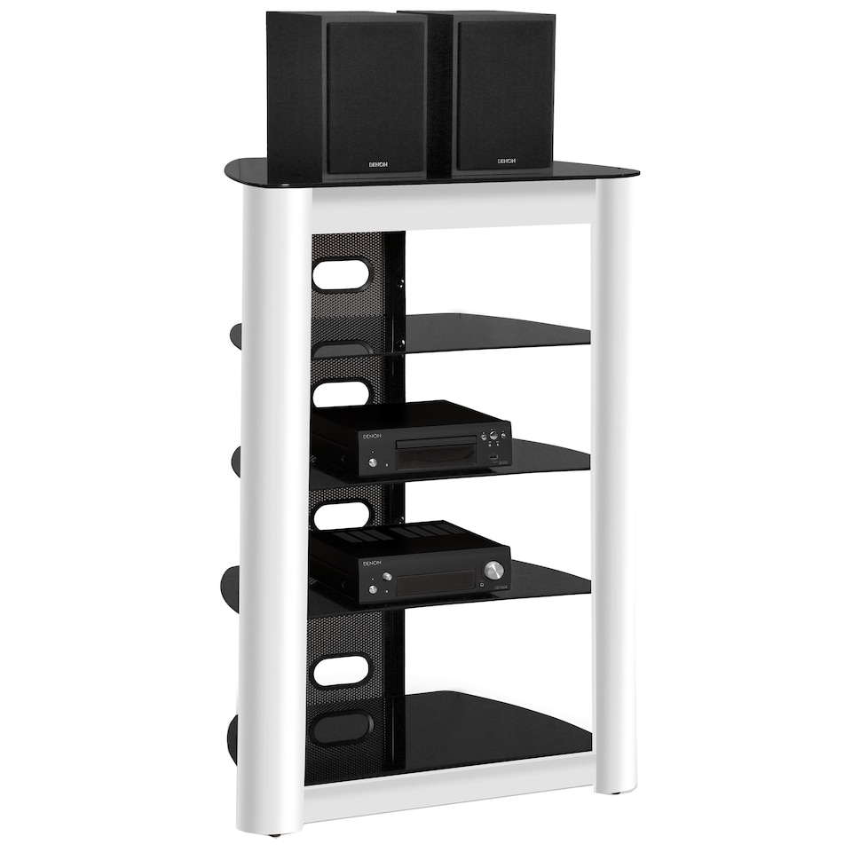 image 1 of Centurion Supports ZINNIA 5-Tier Black Glass Shelves with Gloss White Fascia Entertainment Media Audio Rack | White | Black | 1