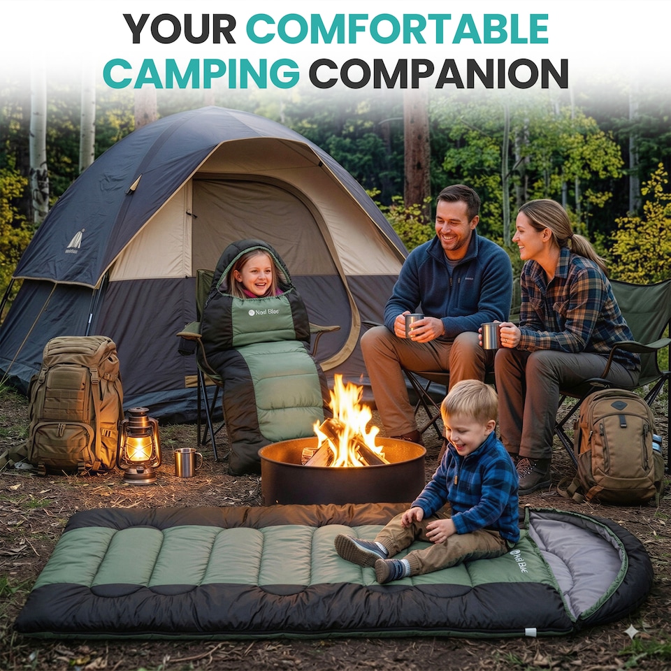 image 1 of 420GSM Hooded Sleeping Bag, Straight Design Waterproof Gear - Green & Black