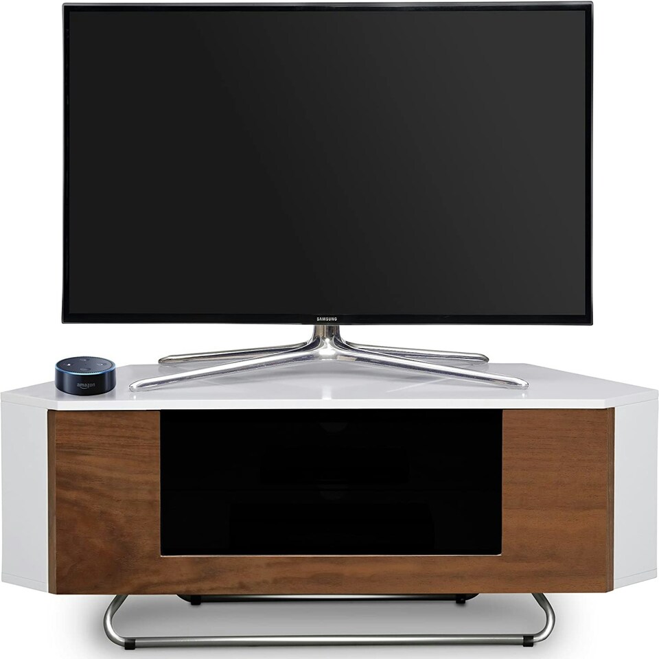 image 1 of Centurion Supports Hampshire Corner-Friendly Gloss White with Walnut Contrast Beam-Thru Remote Friendly Door 26"-50" Flat Screen TV Cabinet White | Walnut