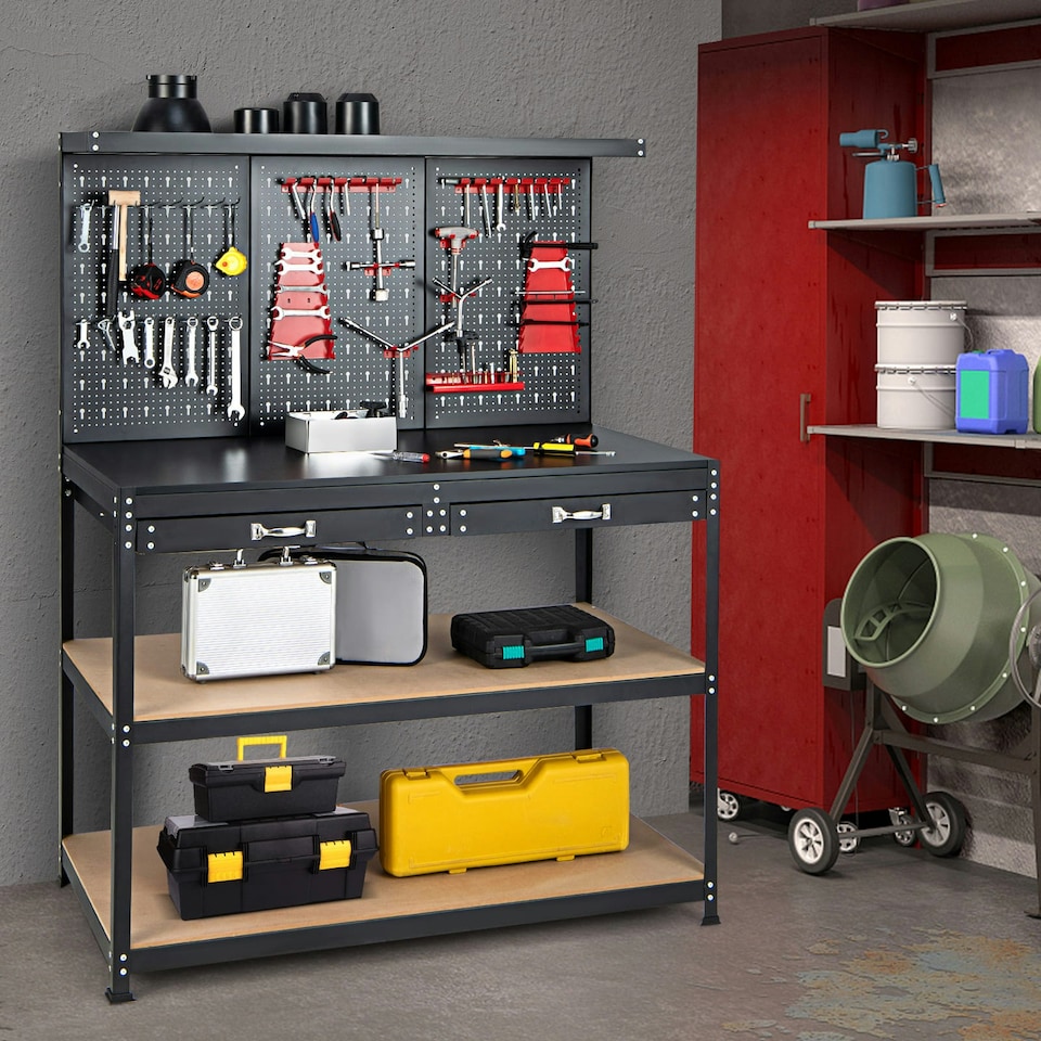 image 1 of COSTWAY Workbench Garage Worktable with Drawers-Black