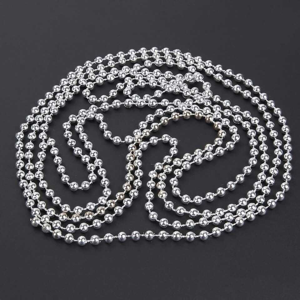 image 1 of Silver Shiny Christmas Bead Chain Metallic Beaded Garland Artificial Pearls Tinsel For Christmas Tree Hanging Decorations