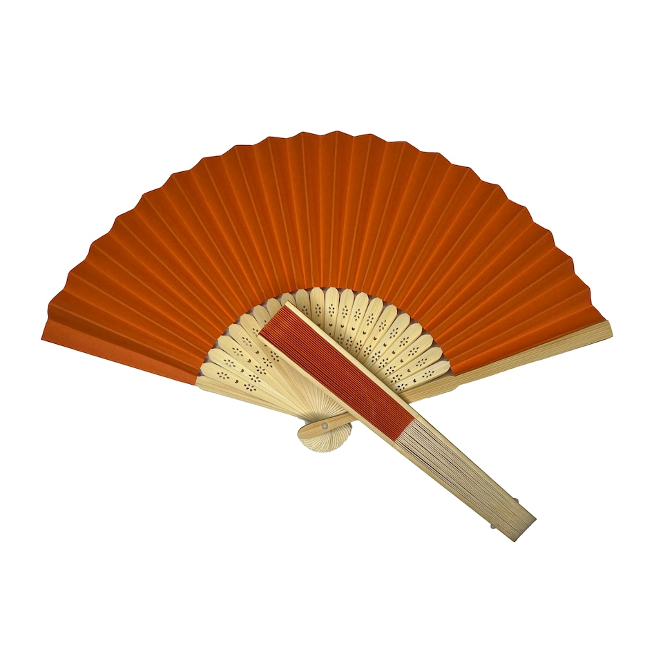 image 1 of Orange Paper Foldable Hand Held Bamboo Wooden Fan by Parev