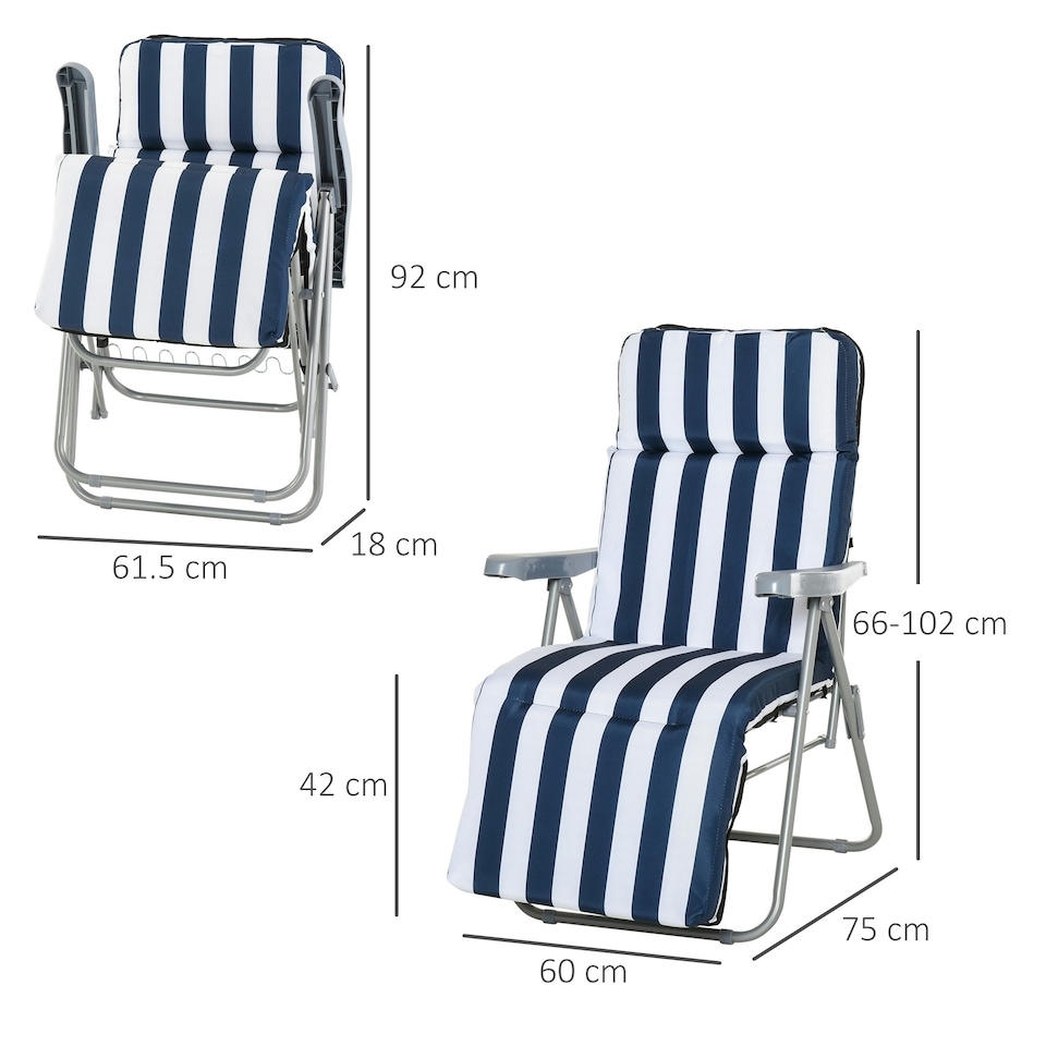 image 1 of Outsunny Set of 2 Folding Sun Lounger Recliner Chairs Daybed Cushion Blue White