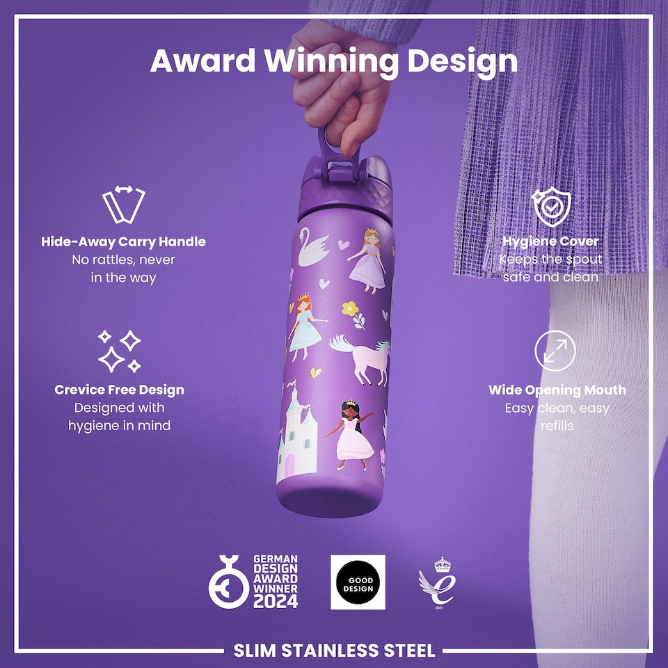 image 1 of Leak Proof Slim Water Bottle, Stainless Steel, 600ml (20oz) | Purple | Princess | One Size