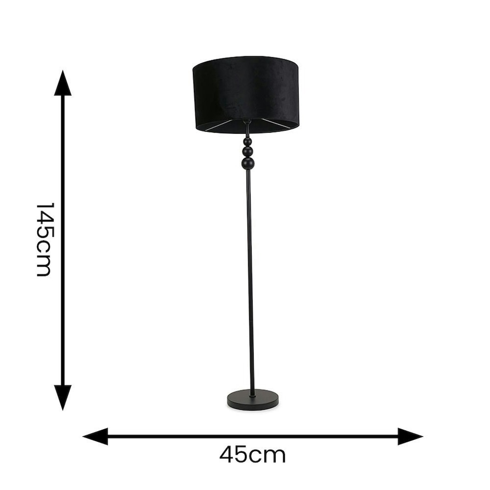 image 1 of ValueLights Marissa Black Velvet Drum Shade with Black Stacked Ball Floor Lamp