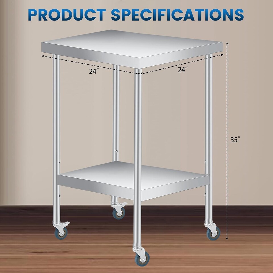 image 1 of London Boutique Commercial Stainless Steel Work Table with Adjustable Undershelf and Wheels, Silver, 24 x 24 x 35 in