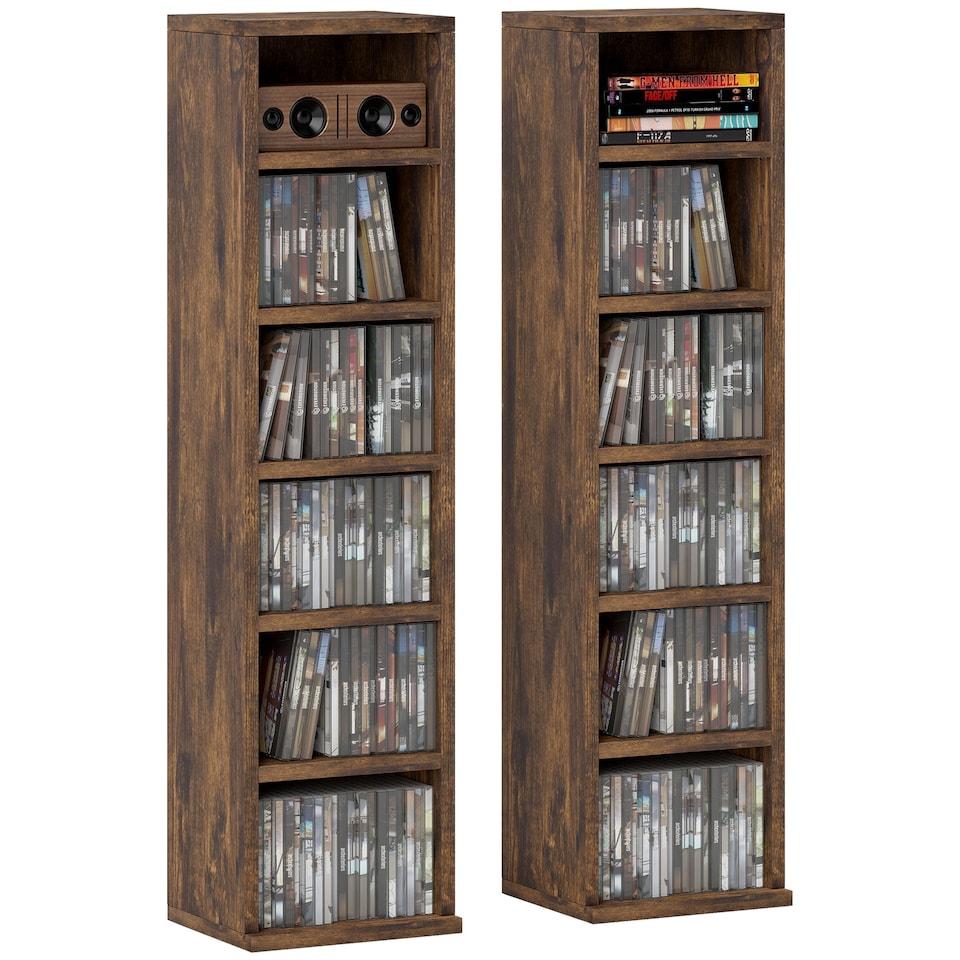 image 1 of HOMCOM 204 CD Media Display Shelf Unit Set of 2 Blu-Ray Tower Rack w  Adjustable Shelves Bookcase Storage Organiser, Rustic Brown