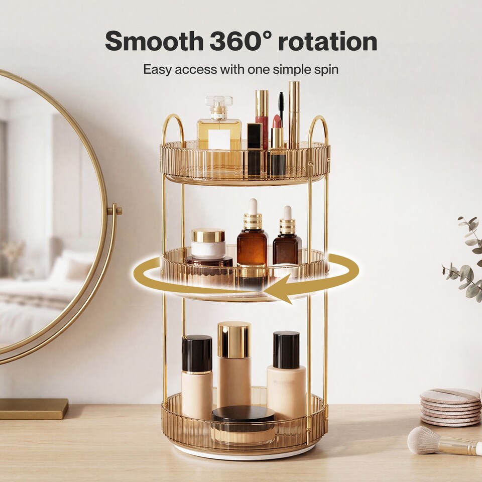 image 1 of ilus Makeup Organiser 360 Rotating Spinning 3 Tiers Cosmetic Organizer | Gold | Gold