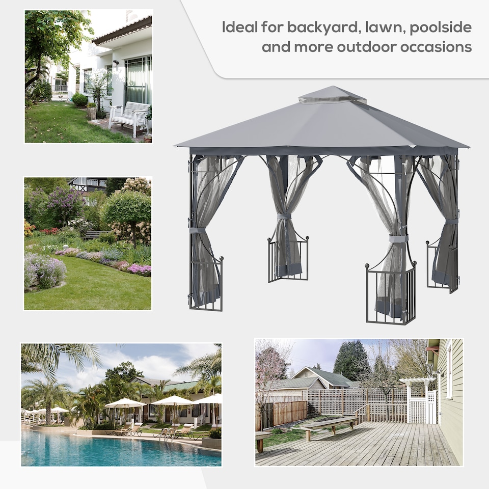image 1 of Outsunny 3 x 3m Garden Gazebo Patio Party Tent Shelter Outdoor Canopy Double Tier Sun Shade with Metal Frame and Netting, Light Grey
