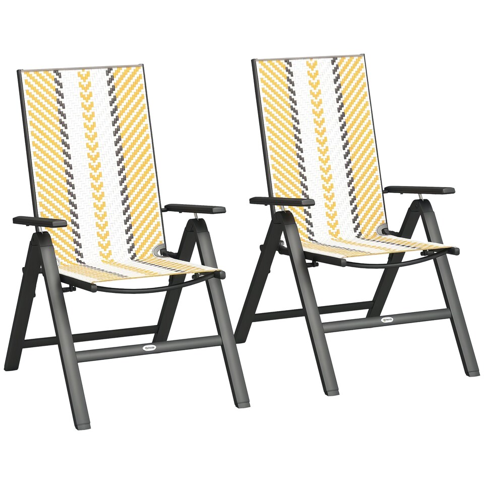 image 1 of Outsunny Folding Rattan Garden Chairs Set of 2, 5-Position Reclining Garden Dining Chairs, High Back PE Wicker Outdoor Recliners with Armrest and Steel Frame for Patio, Terrace, Balcony, Orange | Orange | Orange