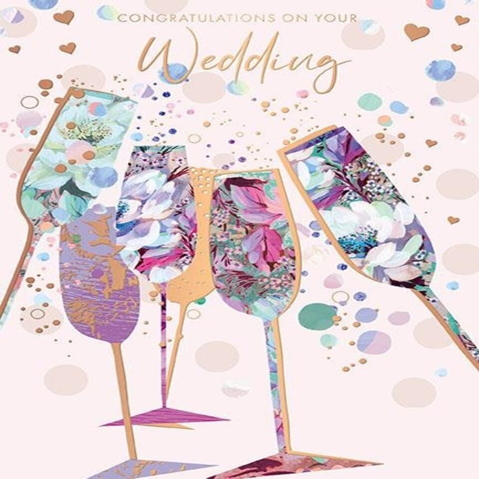 Words 'n' Wishes Wedding Card - Congratulations, Champagne Glasses Design, Pink and Rose Gold, Made in the UK
