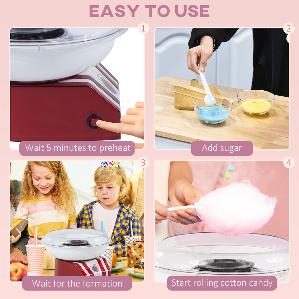 image 1 of HOMCOM Candy Floss Machine for Kids & Adults, 550W  Retro Cotton Maker for Sugar or Candies,  Including 10 Candyfloss Sticks, Non-Slip Base, Red & White