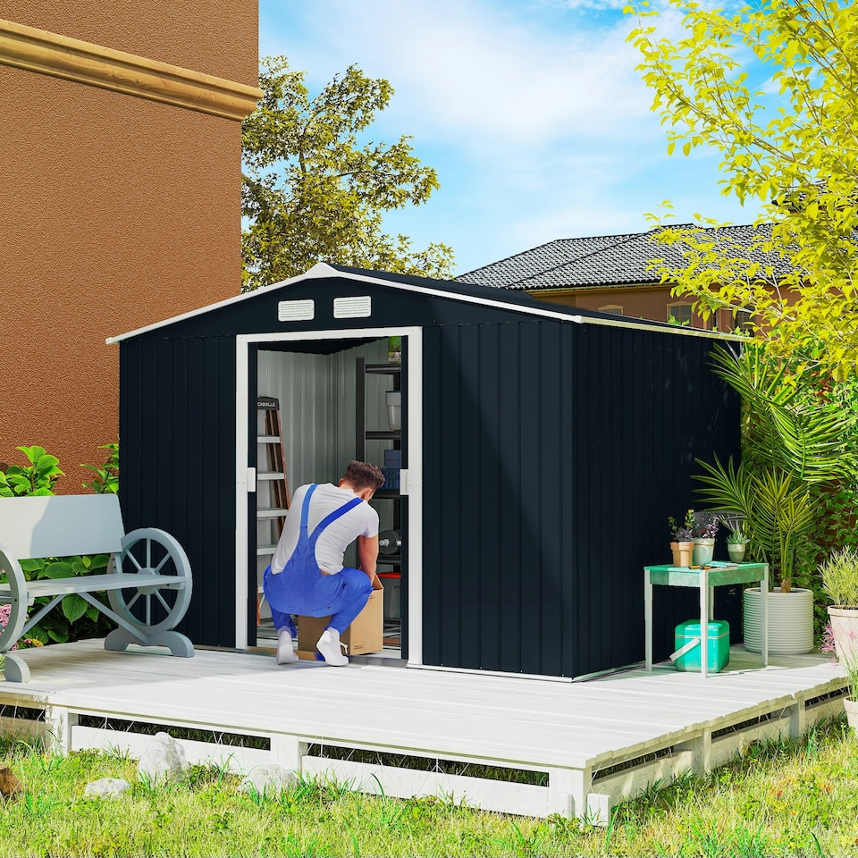 image 1 of Outsunny 9 x 6FT Galvanised Garden Storage Shed with Sliding Door, Dark Grey