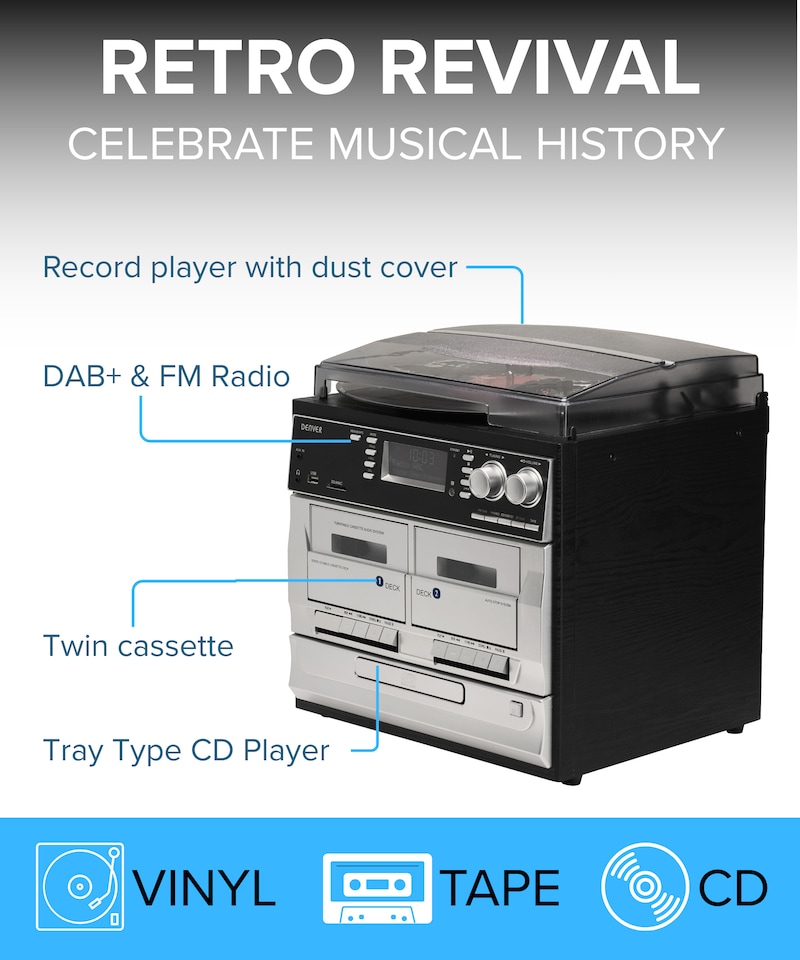 image 1 of Denver DAB/DAB+ Record Player Turntable, Cassette Player, CD Player HiFi with USB Recording & Memory Card Reader - MRD-166