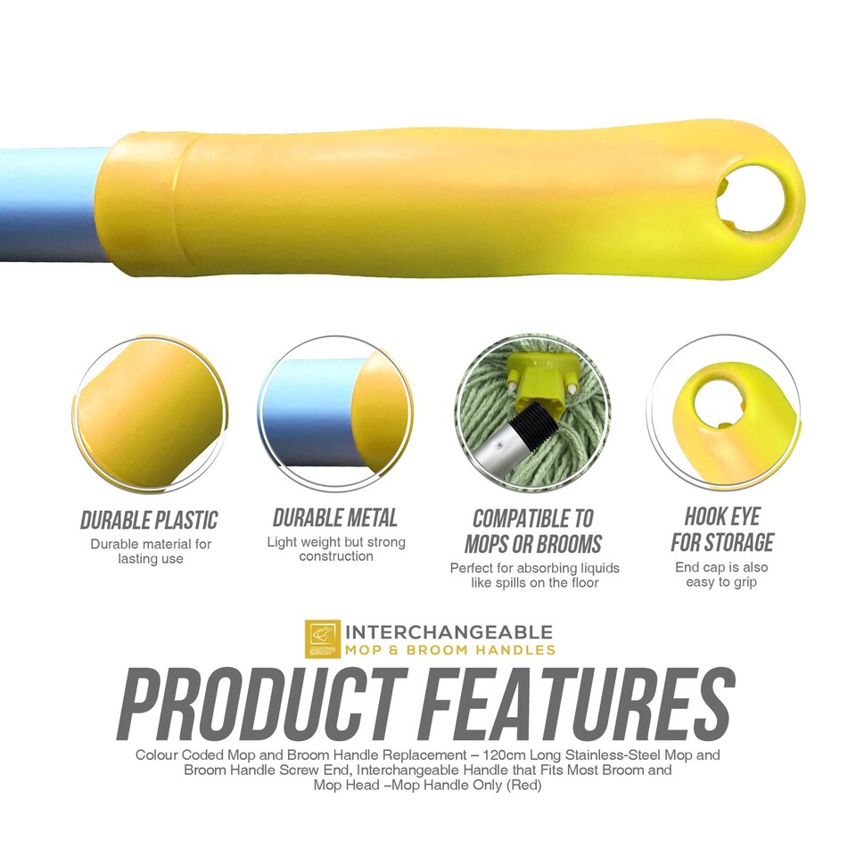 image 1 of Colour-Coded Aluminium Mop & Broom Handle 120cm Universal Screw Fit