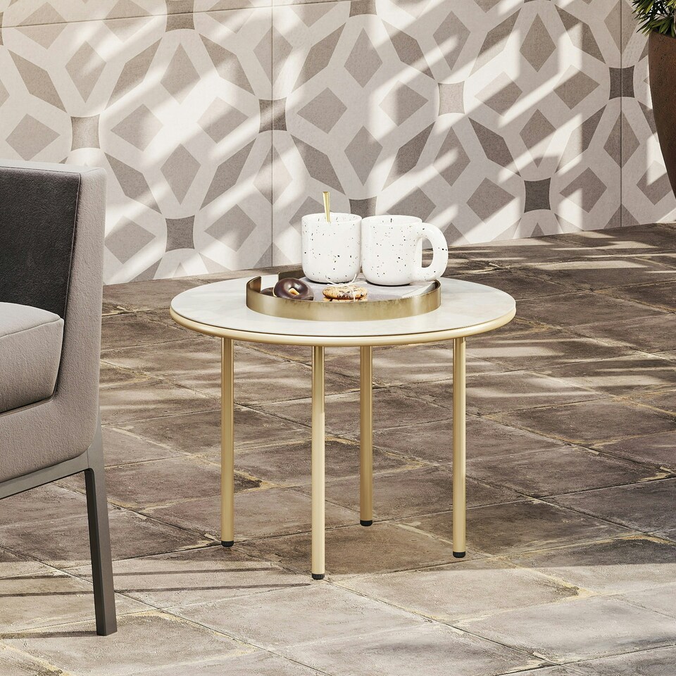 image 1 of Outsunny Round Small Garden Table with Faux Marble Glass Top, Beige