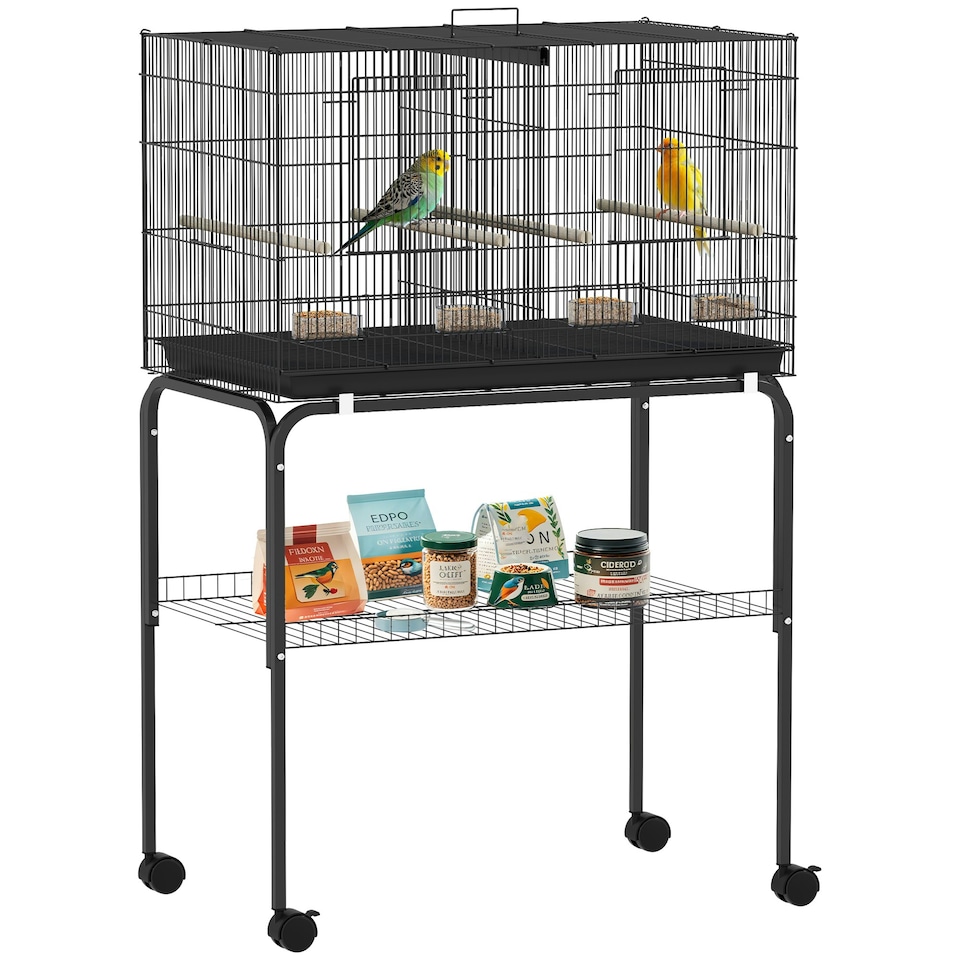 image 1 of PawHut Bird Cage with Divider, 4 Wooden Perches, Slide Out Tray, Black