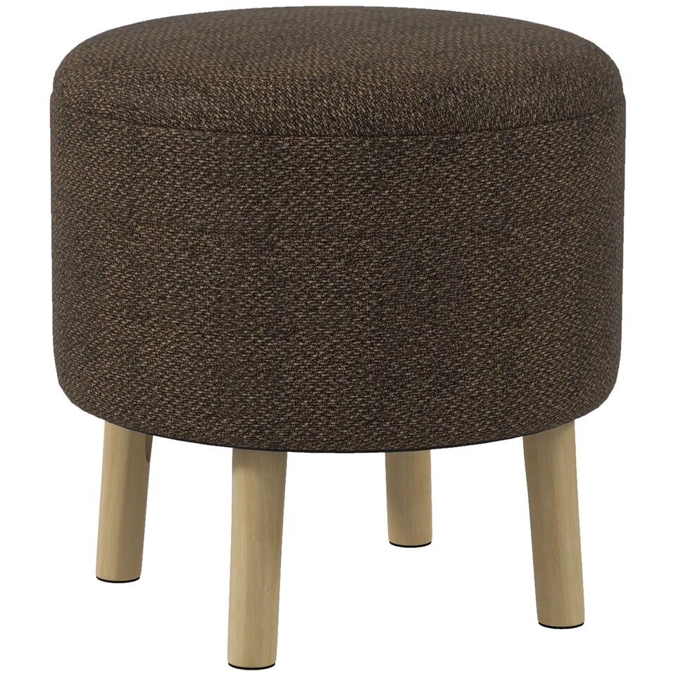 image 1 of HOMCOM Round Storage Stool, Linen Fabric Upholstered Foot Stool with Removable Top, Padded Seat, Hidden Space and Wooden Legs for Living Room, Brown