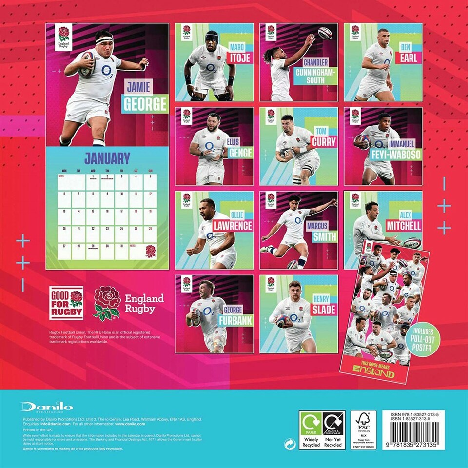 image 1 of England RFU 2025 Square Wall Calendar - Multicoloured - One Size