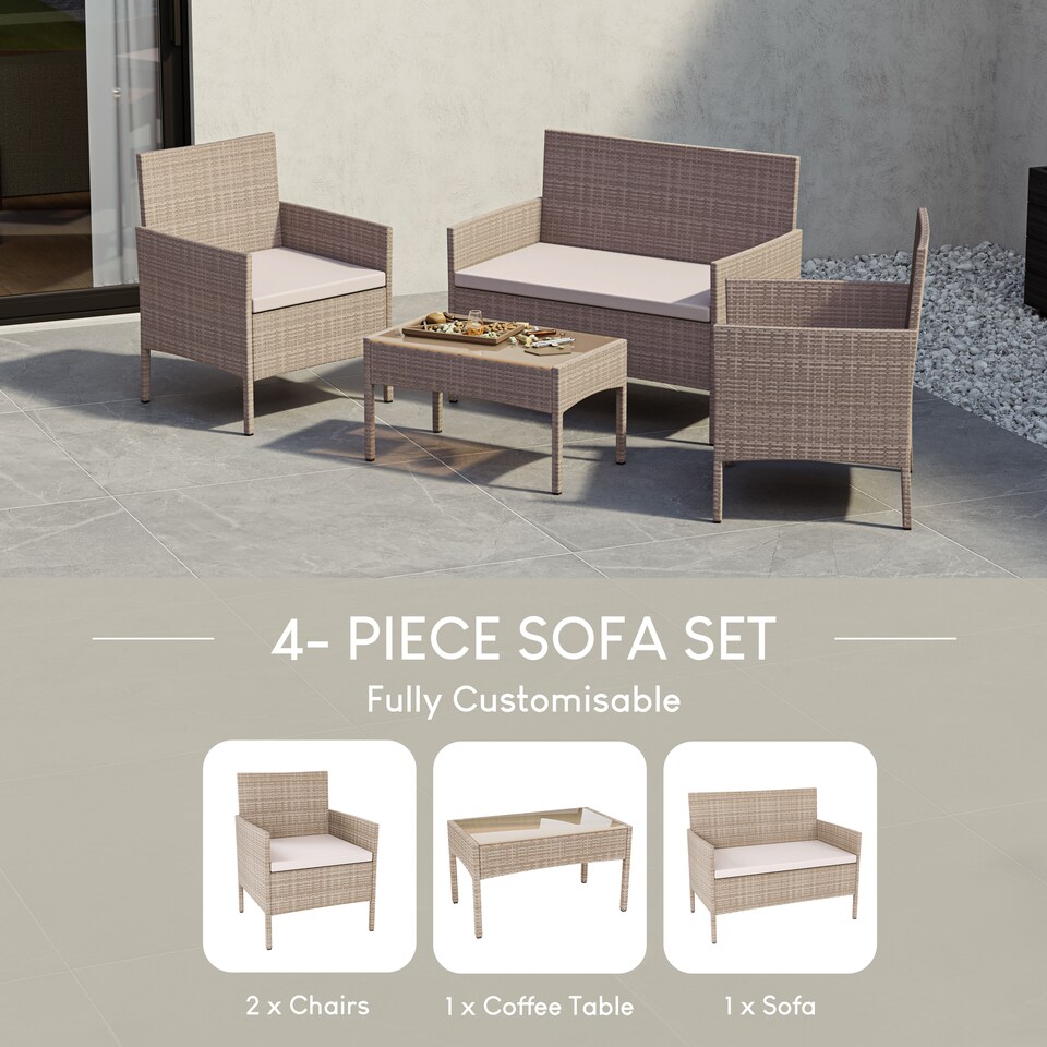image 1 of Garden Vida Kendal 4 Seater Rattan Set Chair Sofa Coffee Table Outdoor Garden Furniture, Natural