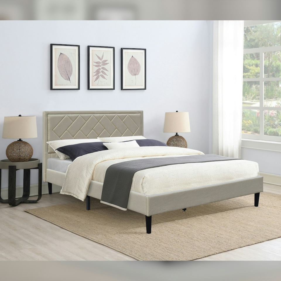 image 1 of 5ft Kingsize Fabric Bed Frame With Padded Headboard In Stone