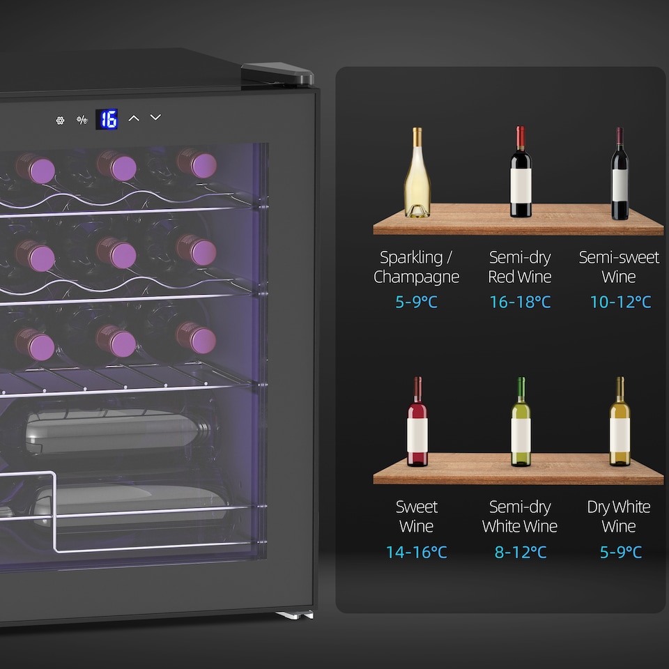 image 1 of HOMCOM Freestanding Wine Cooler Fridge, 16 Bottle, 42 Litre Capacity, 43cm Under Counter Drinks Beer Wine Fridge with Glass Door, LED Light, Digital Touch Screen, Temperature Control, Black