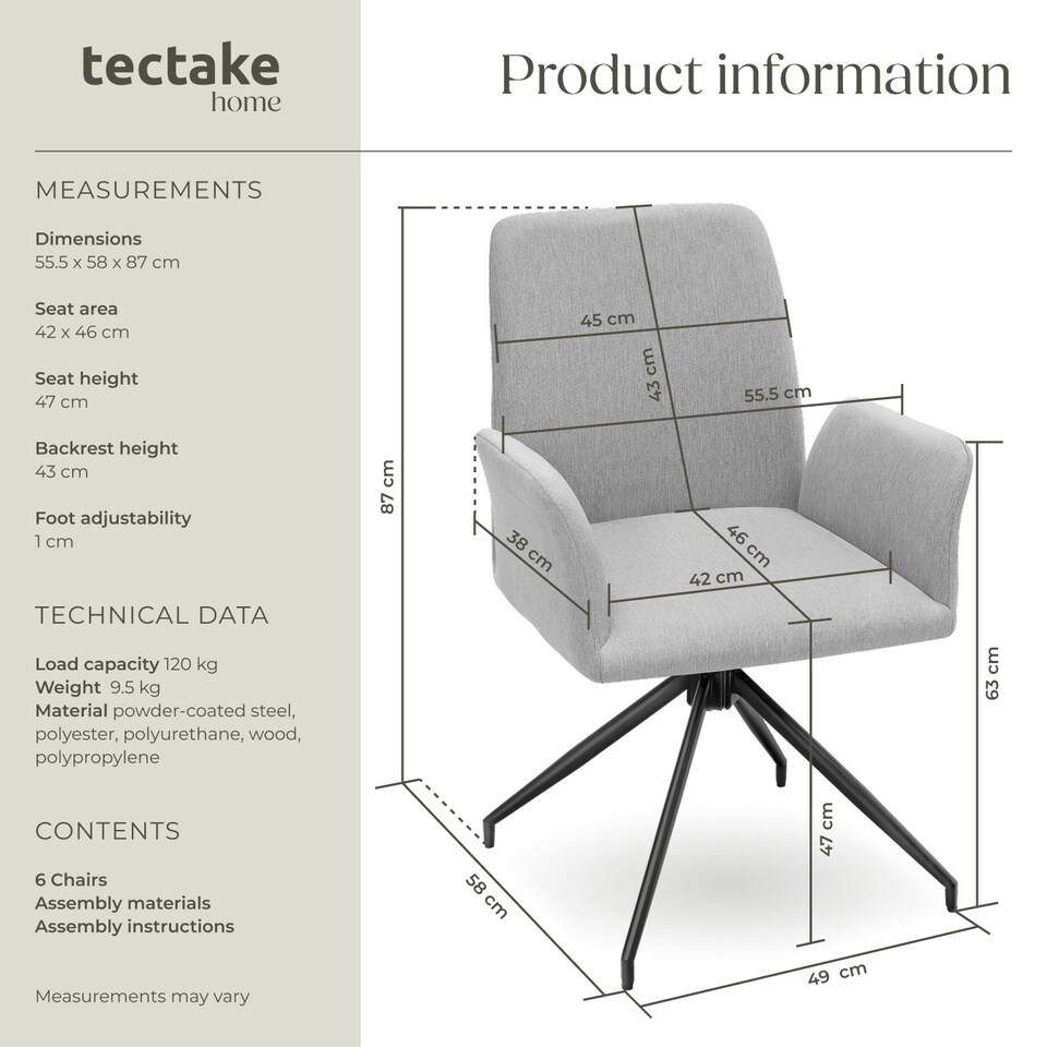image 1 of Swivel Chair Daya - upholstered, robust fabric, 55.5 x 58 x 87 cm - Set of 6 Grey | Light Grey