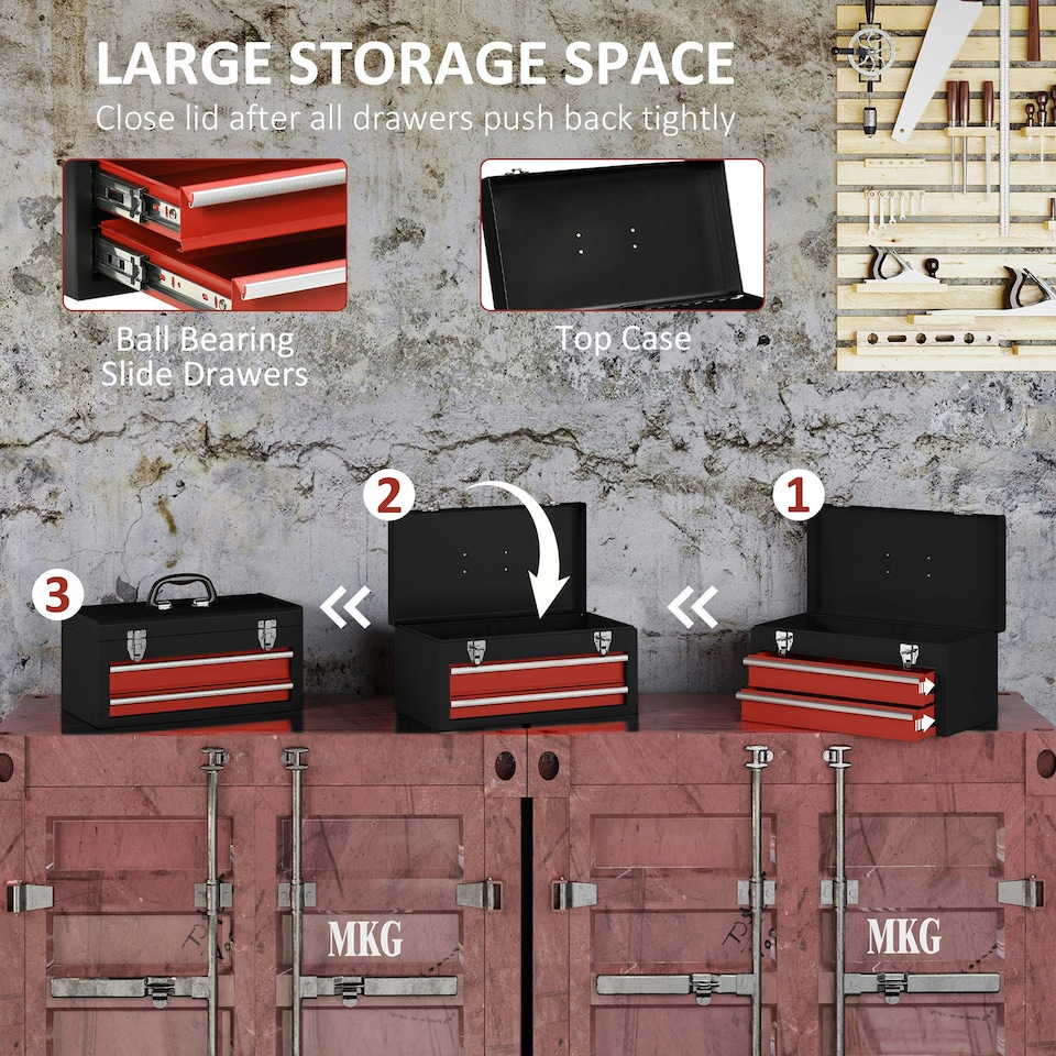 image 1 of DURHAND Lockable 2 Drawer Tool Chest with Ball Bearing Slide Drawers Black Black | Red