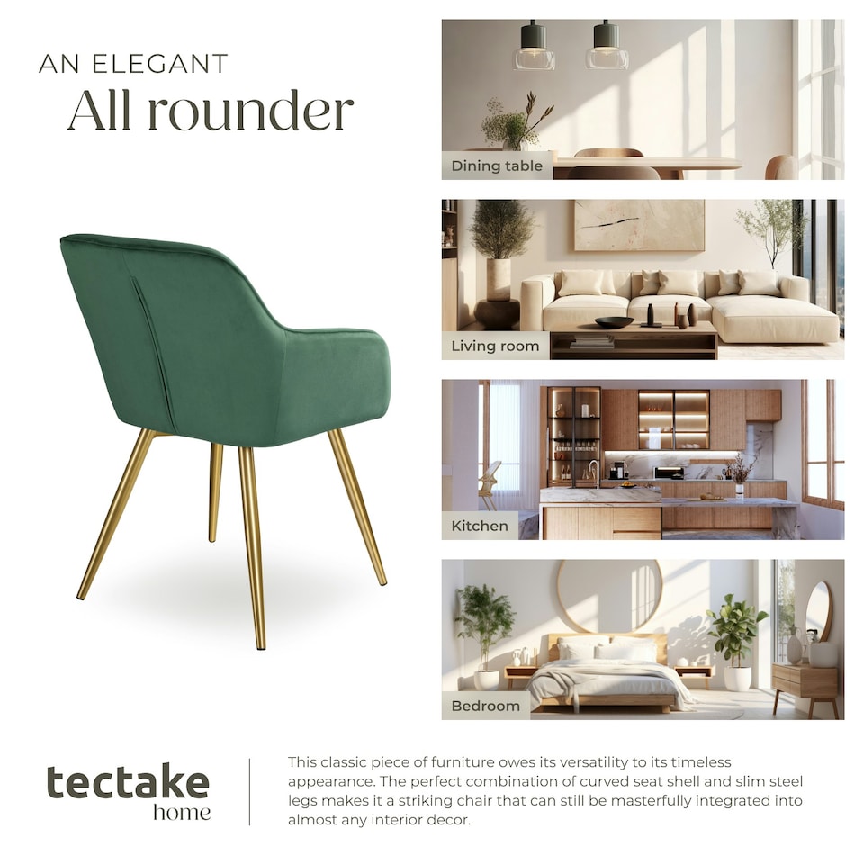 image 1 of Chair Marilyn - with armrests, padded, velvet look, golden steel legs - per piece Green | Dark Green/Gold