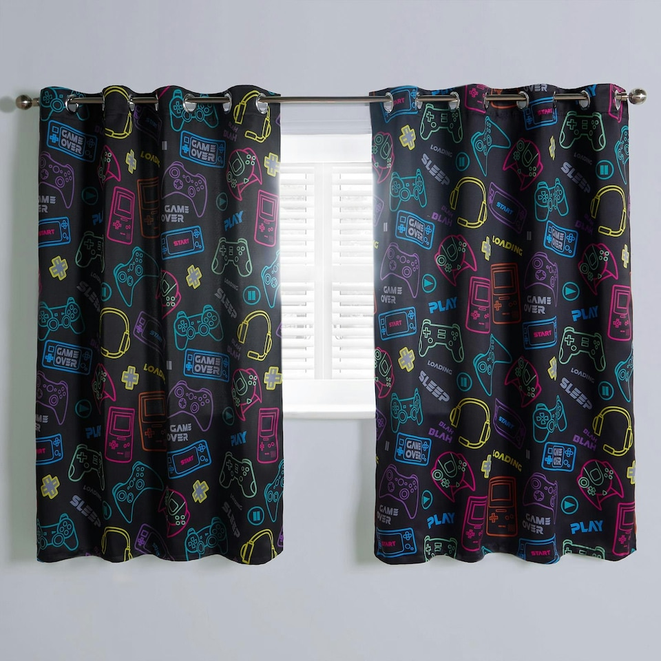 image 1 of OHS Kids Gaming Print Blackout Lined Eyelet Curtains, 66x54" - Black