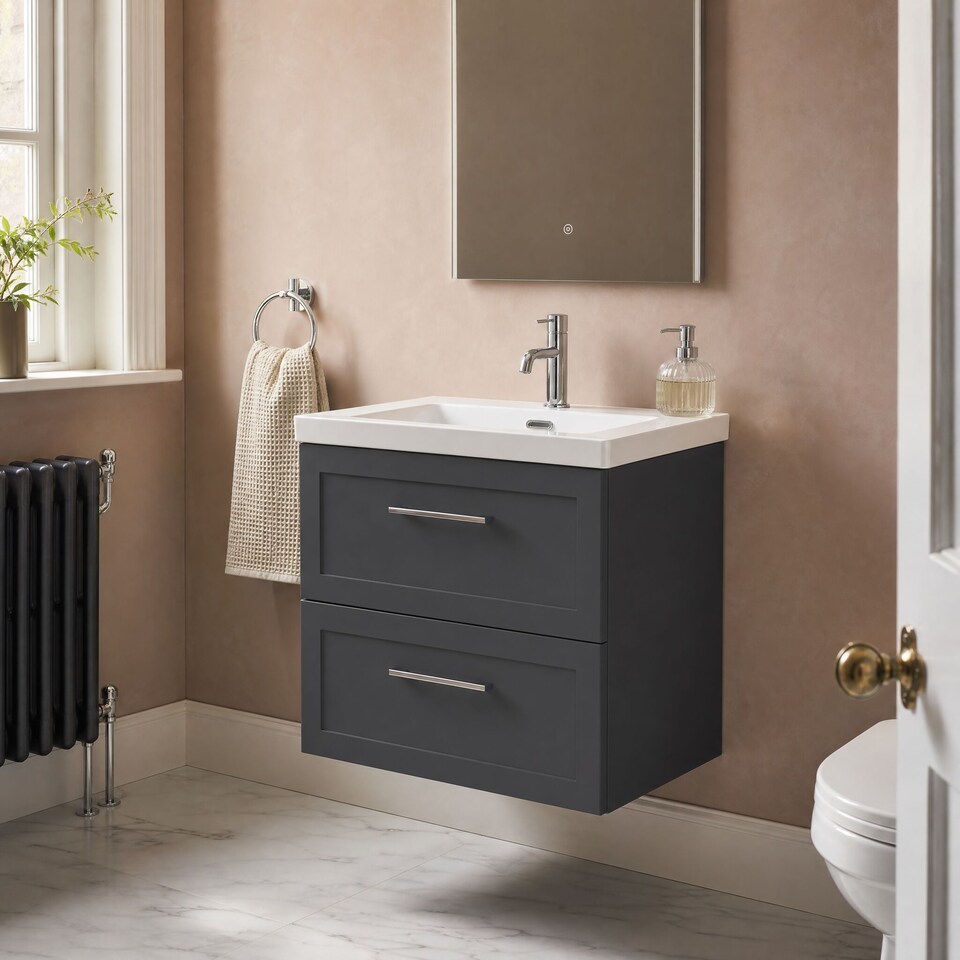 image 1 of Balterley Stonnall Traditional Wall Hung 2 Drawers Vanity Unit with 1 Tap Hole Fireclay Basin, 600mm, Dark Grey