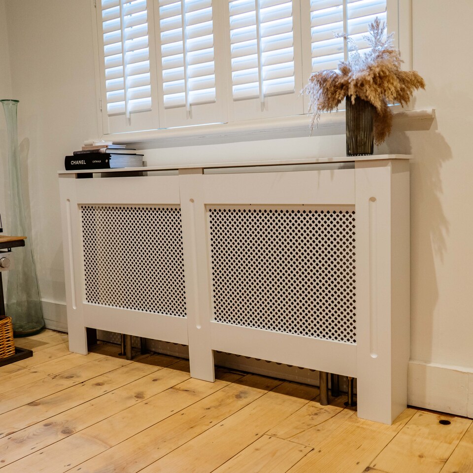 image 1 of JSH Radiator Cover Wood White Diamond MDF - Large - 152cm (W) x 81.5cm (H) x 19cm (D) | White