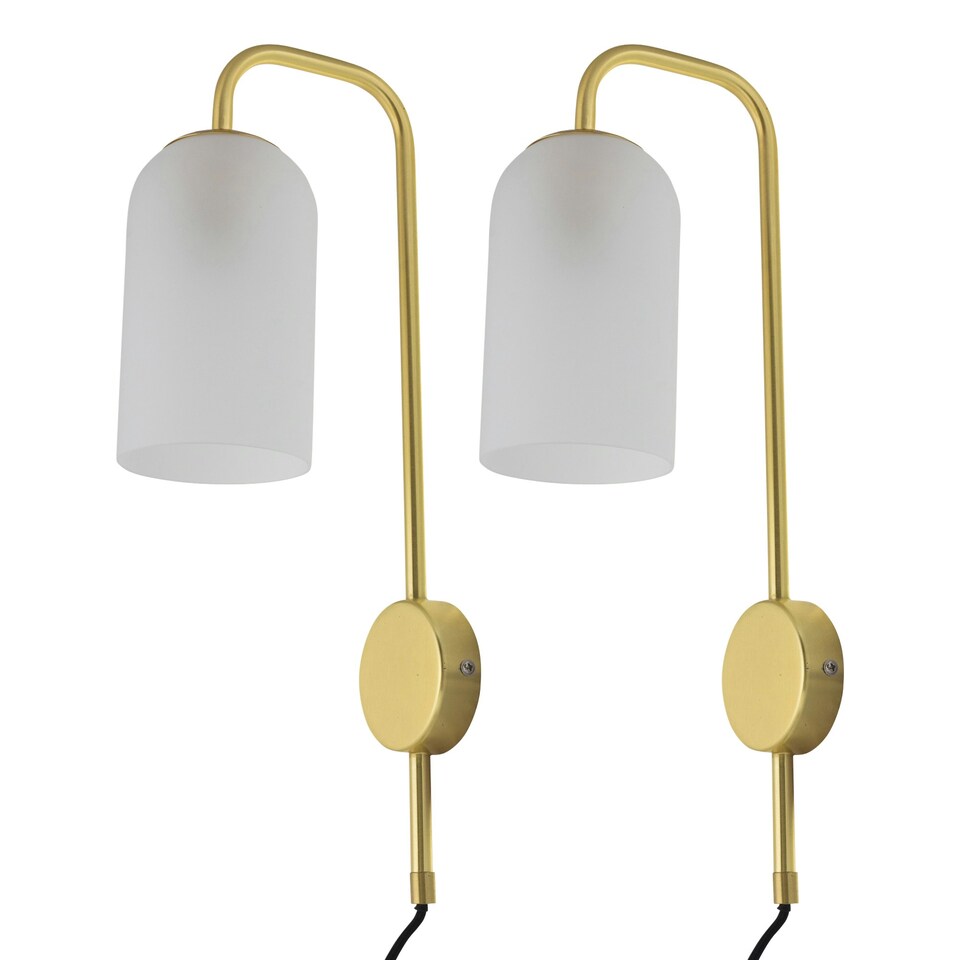 image 1 of Set of 2 Victoria - Satin Brass Plug in Wall Lights Frost Glass Shades Bronze | White