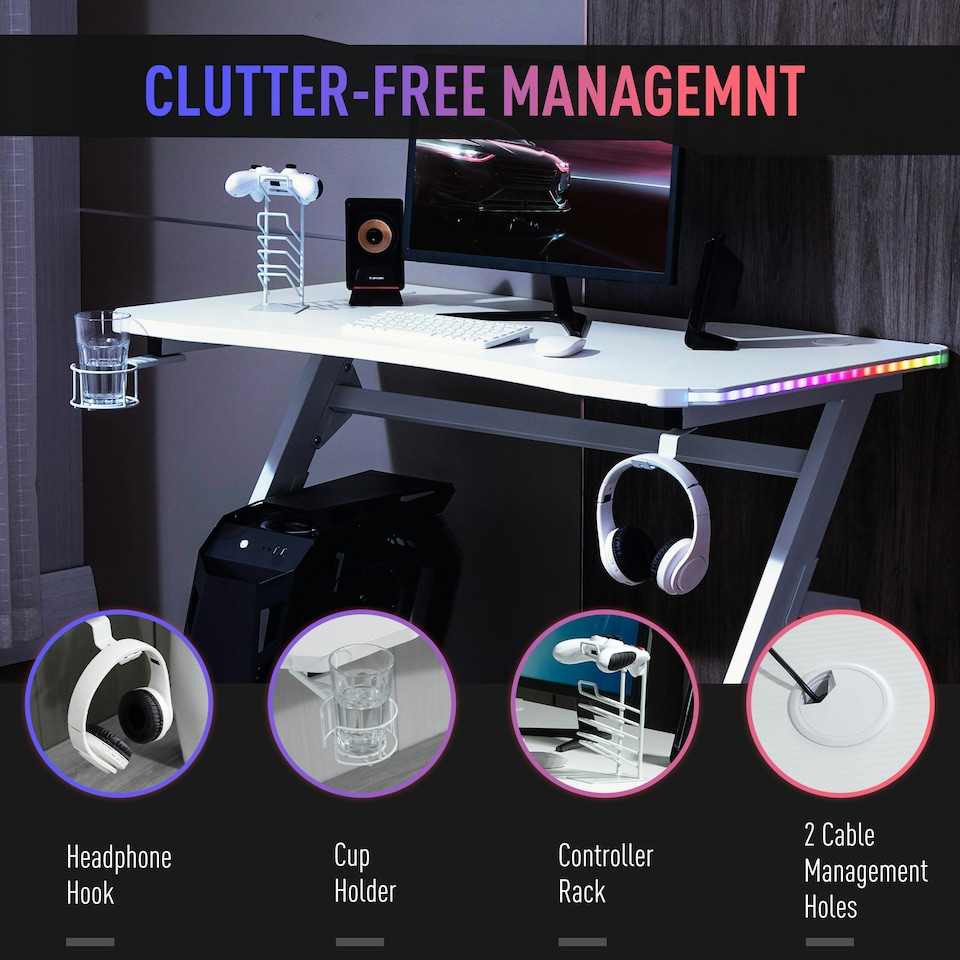 image 1 of HOMCOM Gaming Desk with Hook Cup Holder LED & Cable Management, White