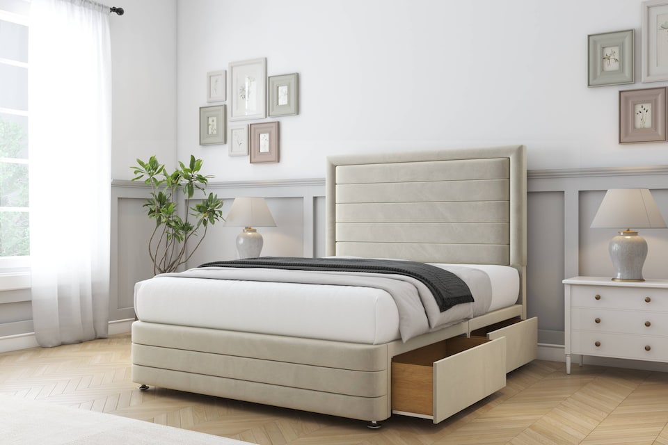 image 1 of Sloomy Ashford Cream Plush Divan Bed With Mattress 2 Drawers Left Side With 26" Strutted Headboard & 12" Matching Footboard 2'6 Small Single | Cream | Cream | Small Single | 1