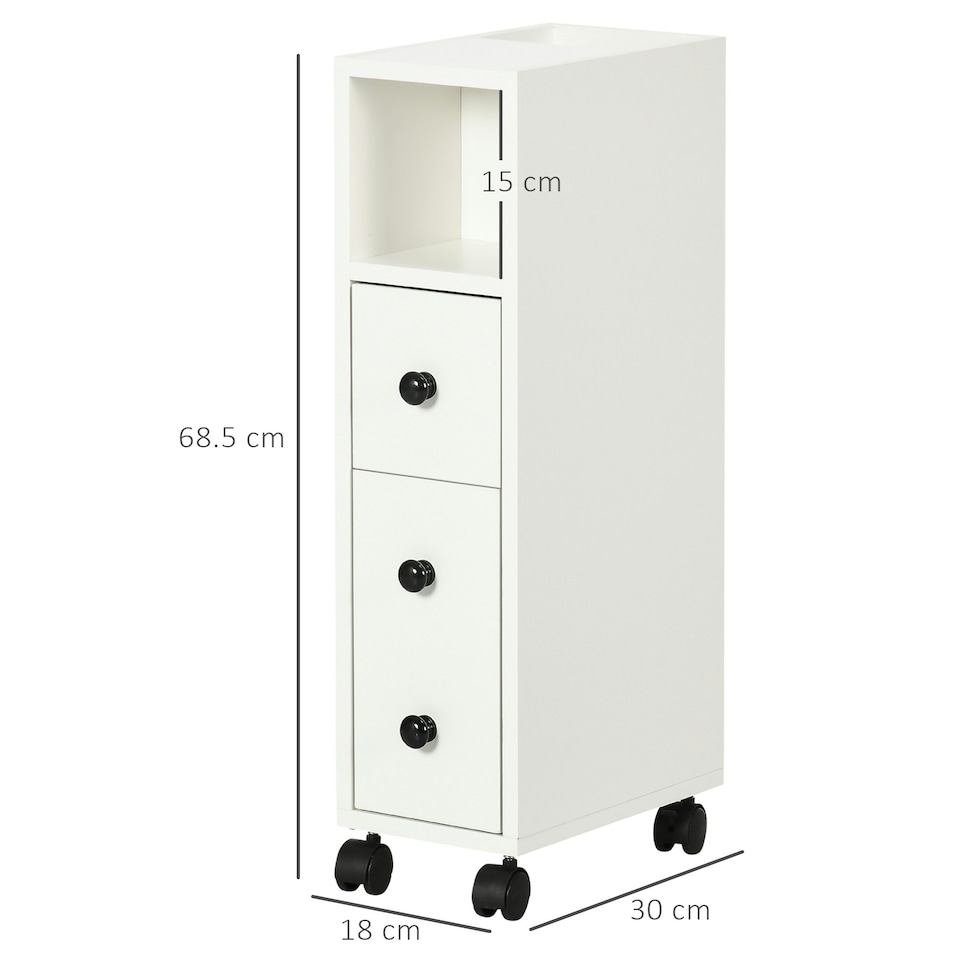 image 1 of kleankin Slim Bathroom Storage with 2 Drawers, 2 Open and Wheels, White