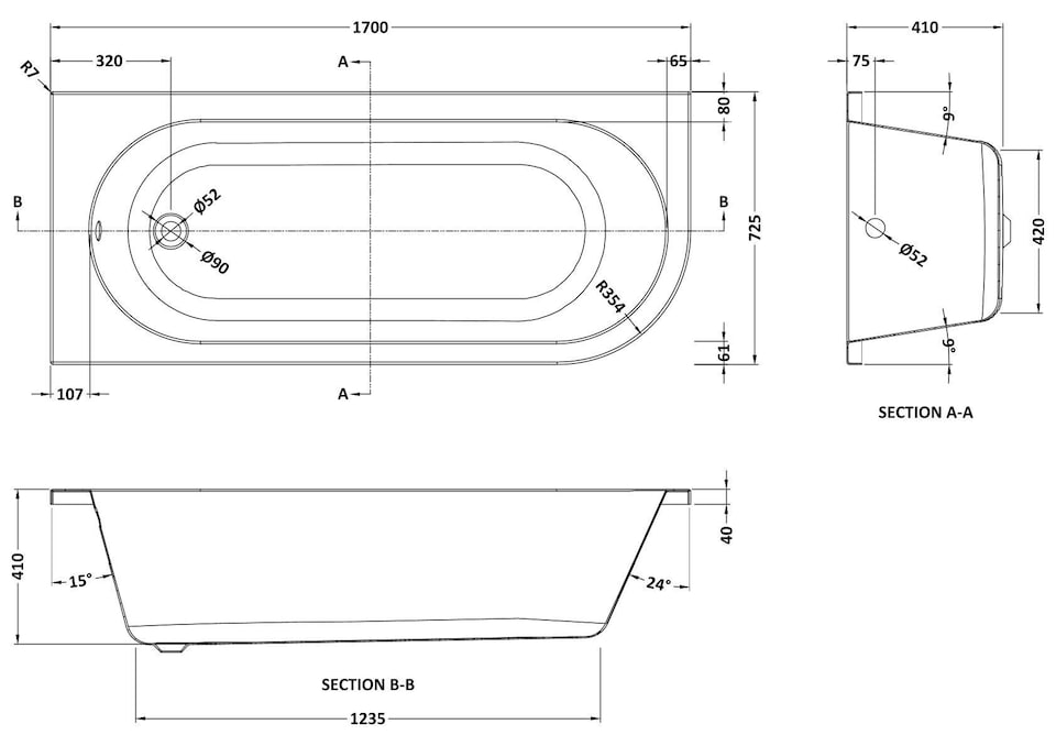 image 1 of Left Hand Back to Wall J Corner Bath Leg Set 1700mm | White | White | 1700 x 725 x 410mm | 1
